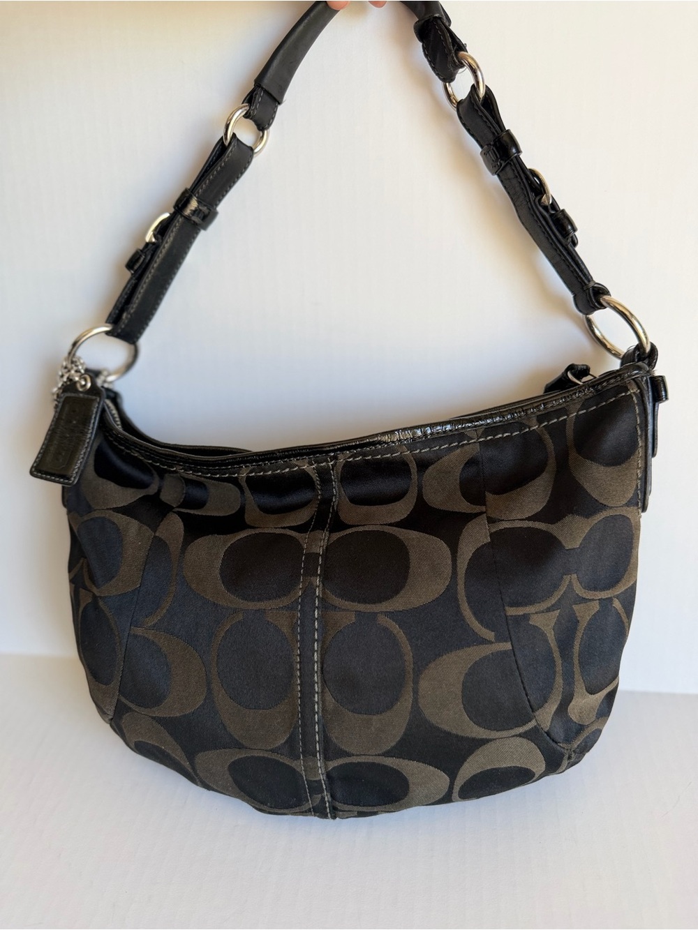 CoachBlack and Brown Signature Canvas Hobo Bag
